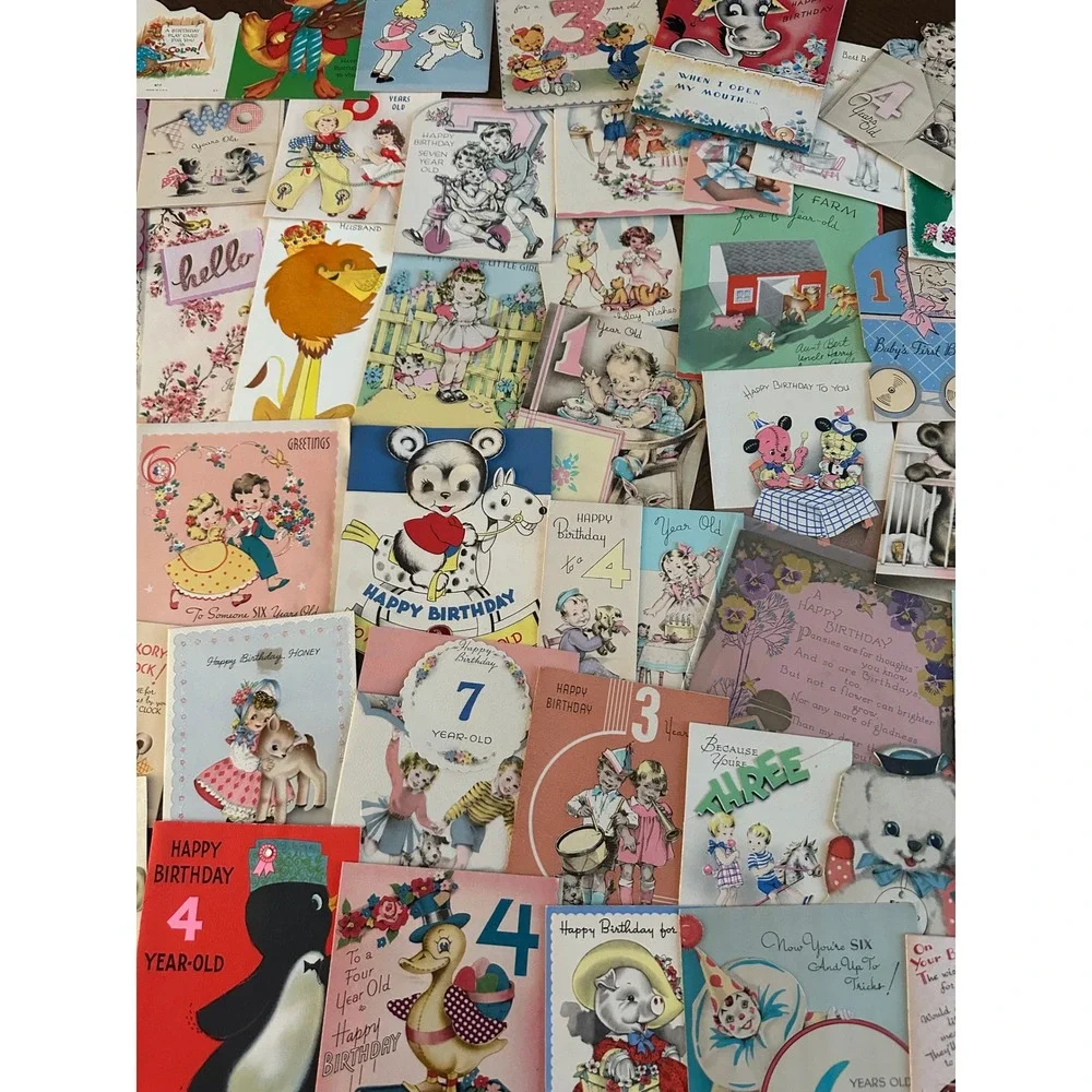Vintage Birthday Cards Lot Mid Century Childrens Ephemera Animals Ages 1-7 60+pc